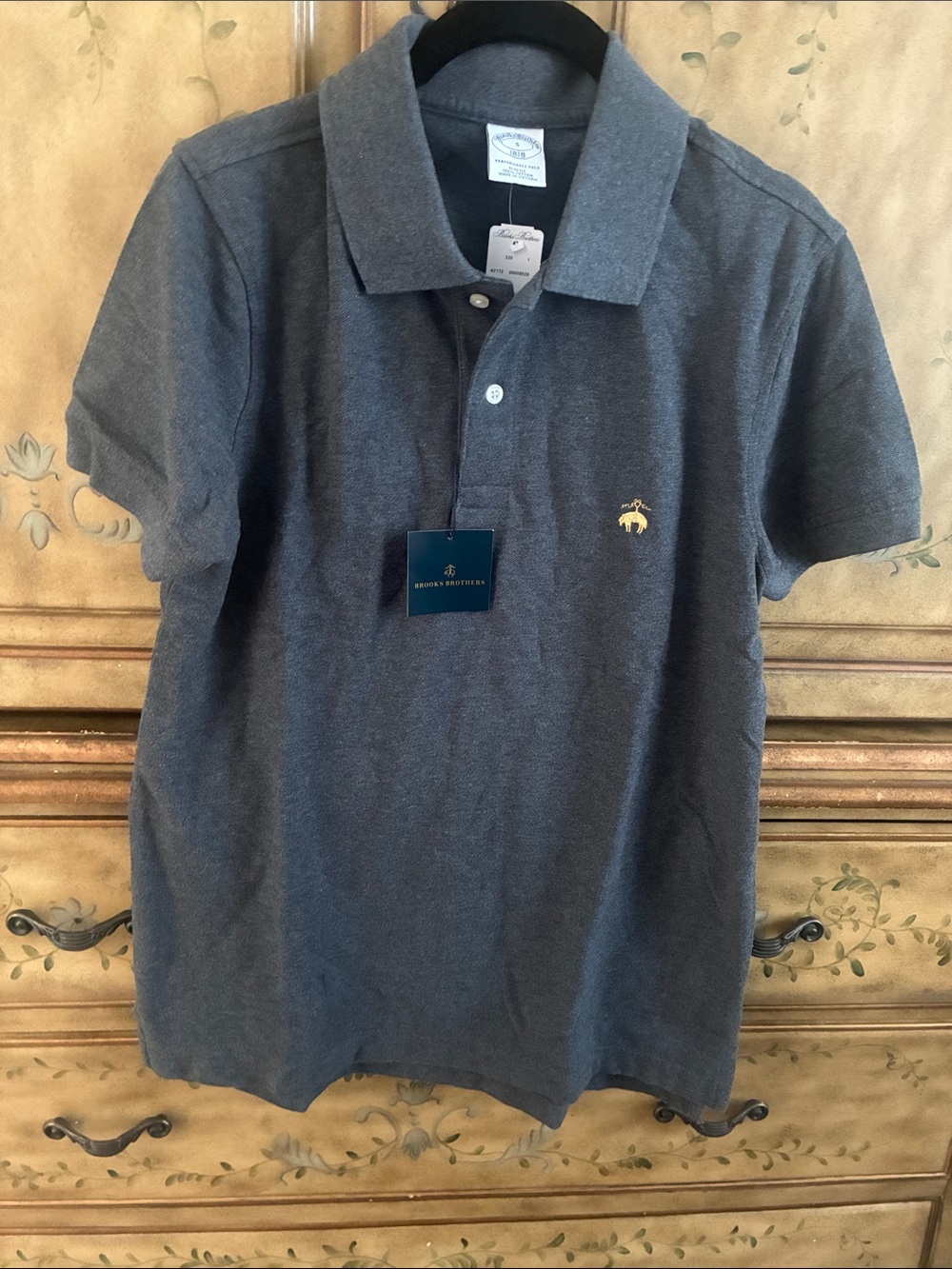 Brooks Brothers Men's Dark Gray Polo with Gold Embroidered Logo